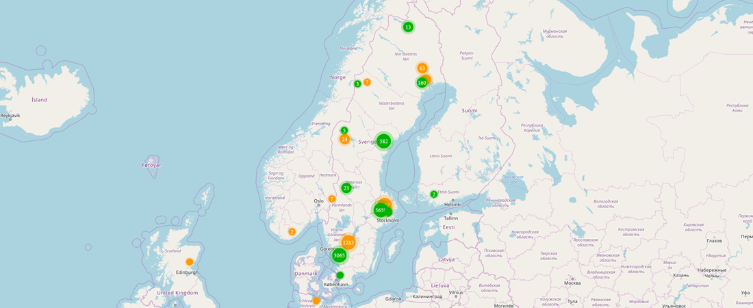 Karta över Skandinavien som visar gröna och orangea cirklar över Sverige. Cirklarnas färger visar om tutan hörts eller inte. 