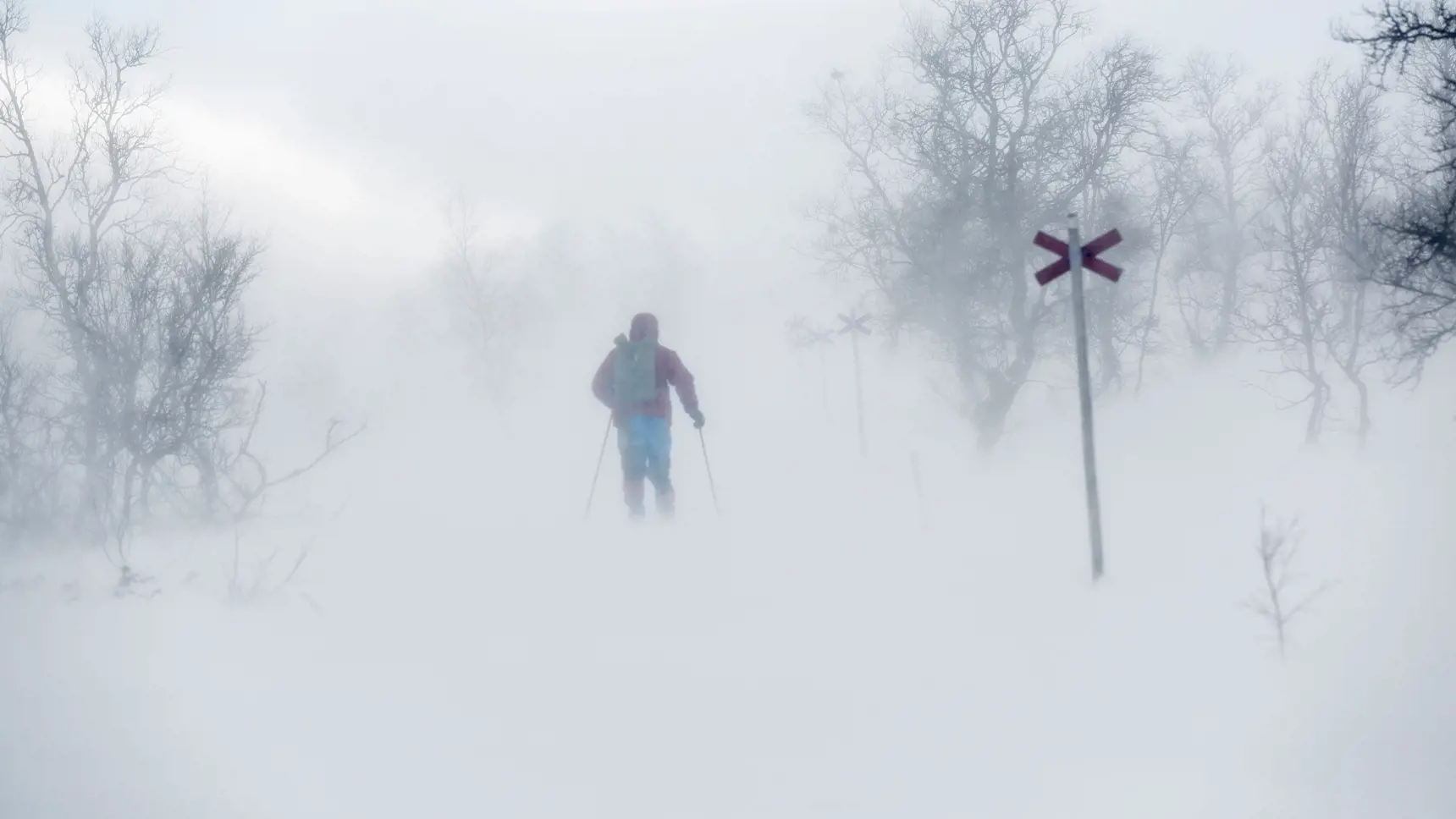 Skidåkare på fjället under snöstorm.