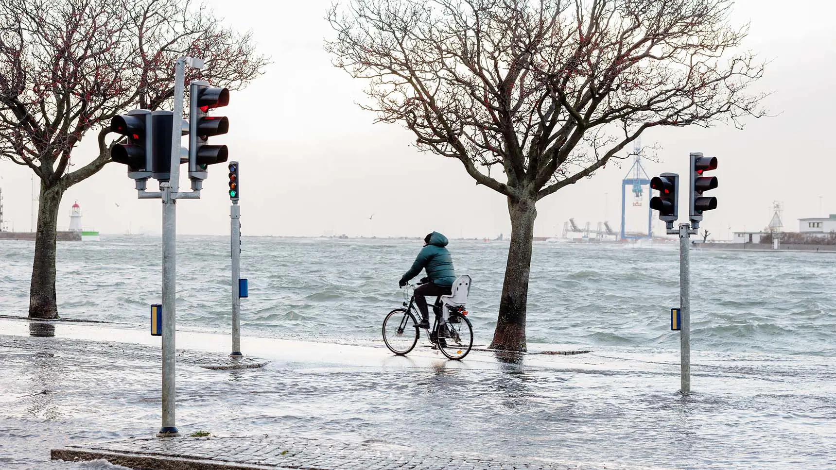 Person som cyklar på cykelbana intill hamnkant. Vattnet skvätter upp på vägen.