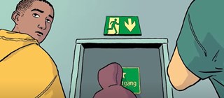 Illustration av personer som tar sig mot en nödutgång.