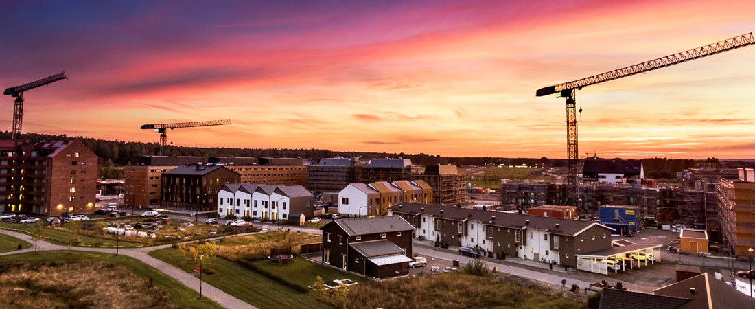 Bostadsområde, byggkranar och en skog i solnedgång.