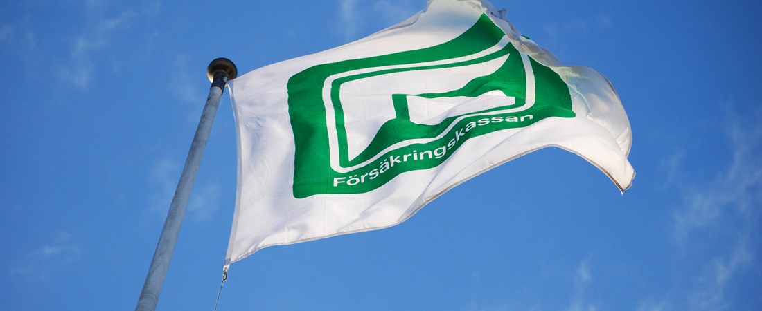 Vit flagga med Försäkringskassans logotyp vajar mot en blå himmel.