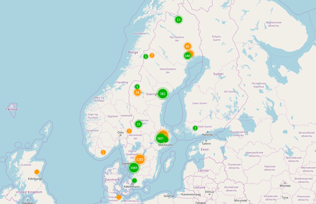 Karta över Skandinavien som visar gröna och orangea cirklar över Sverige. Cirklarnas färger visar om tutan hörts eller inte. 