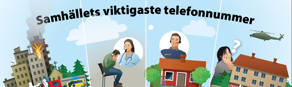 Illustration som visar olika situationer där samhällets viktigaste telefonnummer ska användas. 